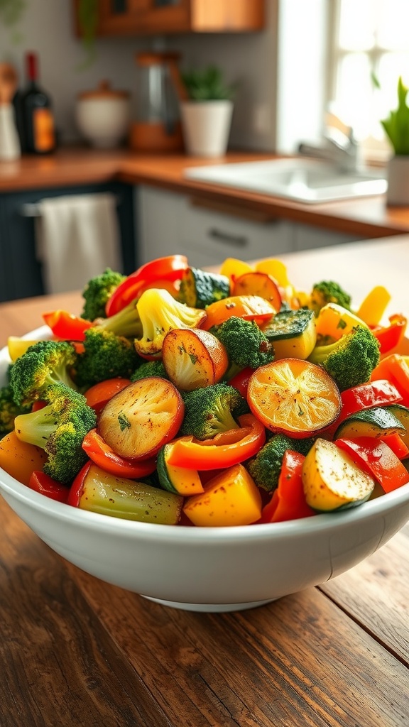 Crispy and Healthy Air Fryer Vegetable Medley Recipe A colorful air fryer vegetable medley with broccoli, bell peppers, and zucchini in a bowl on a wooden table.
